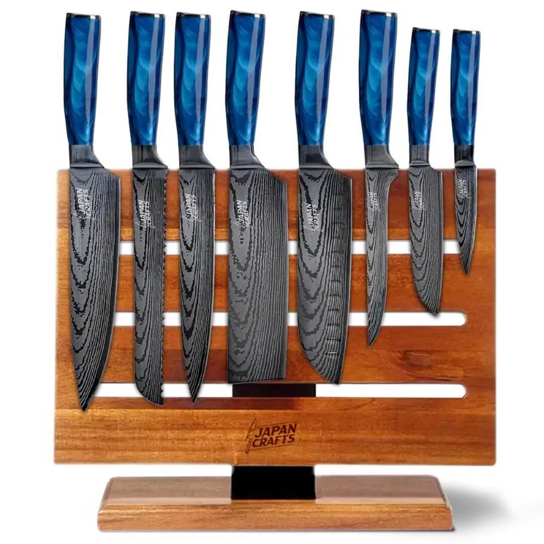Japanese Chef Knife Set - Blue Epoxy + Designer Magnetic Knifeblock
