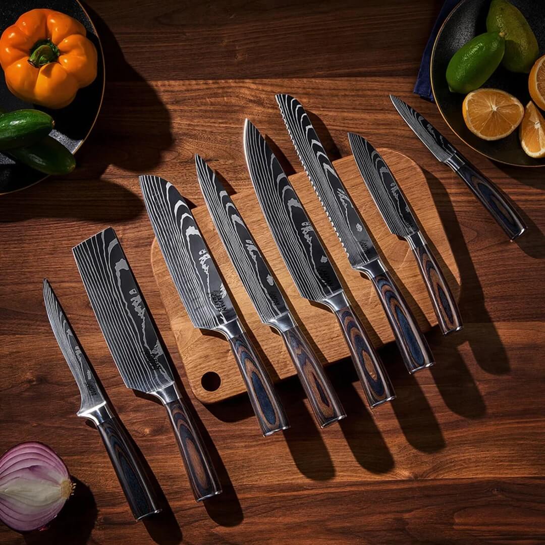Japanese Chef Knife Set - Brown Wood + Classic Magnetic Knifeblock
