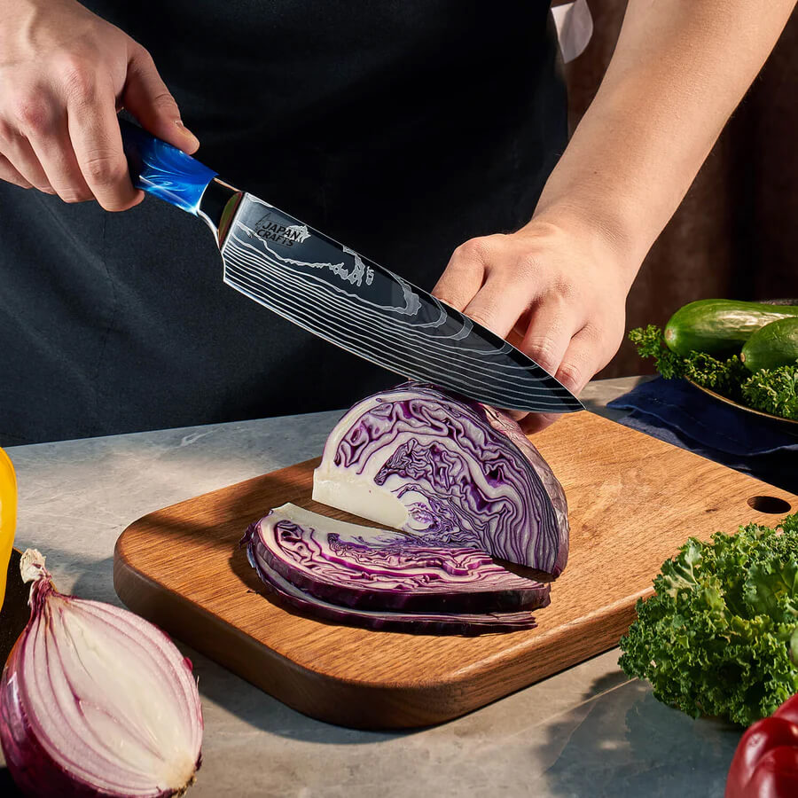 Japanese Chef Knife Set - Blue Resin + Classic Magnetic Knifeblock