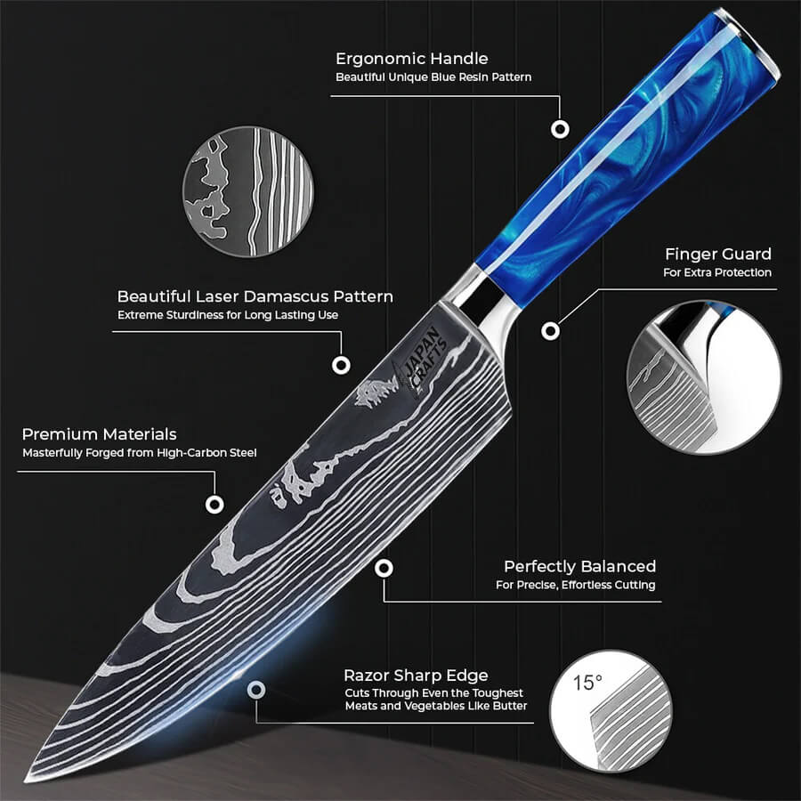 Japanese Chef Knife Set - Blue Resin + Classic Magnetic Knifeblock