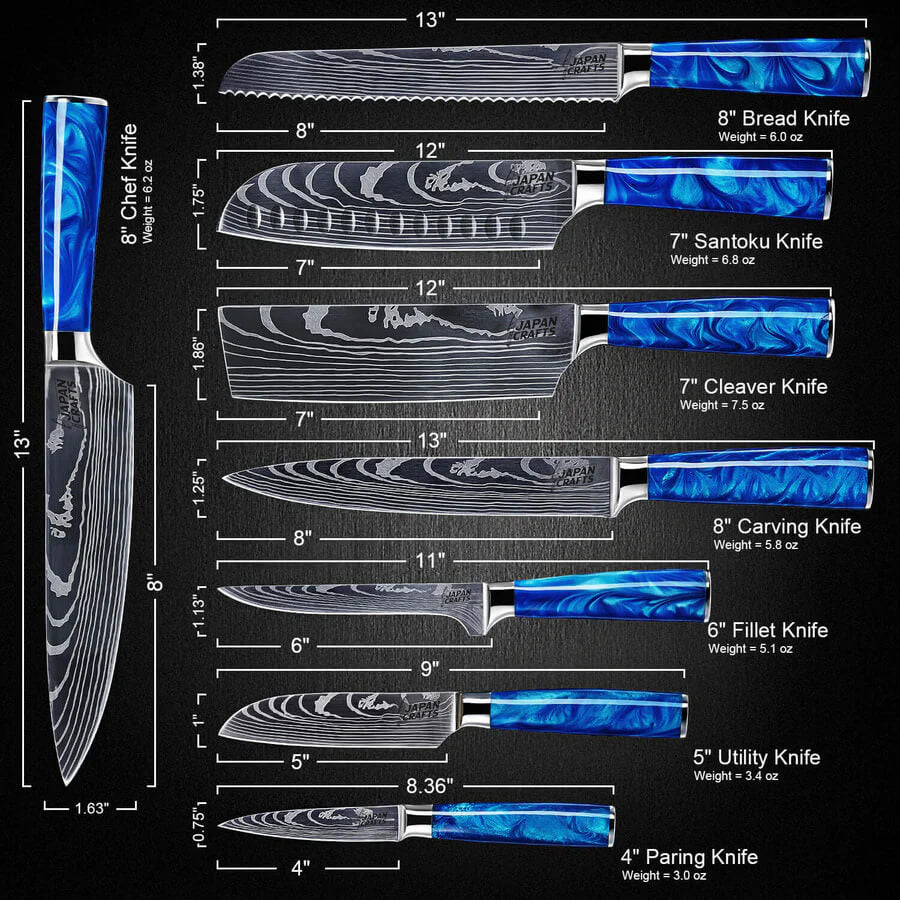 Japanese Chef Knife Set - Blue Epoxy + Designer Magnetic Knifeblock