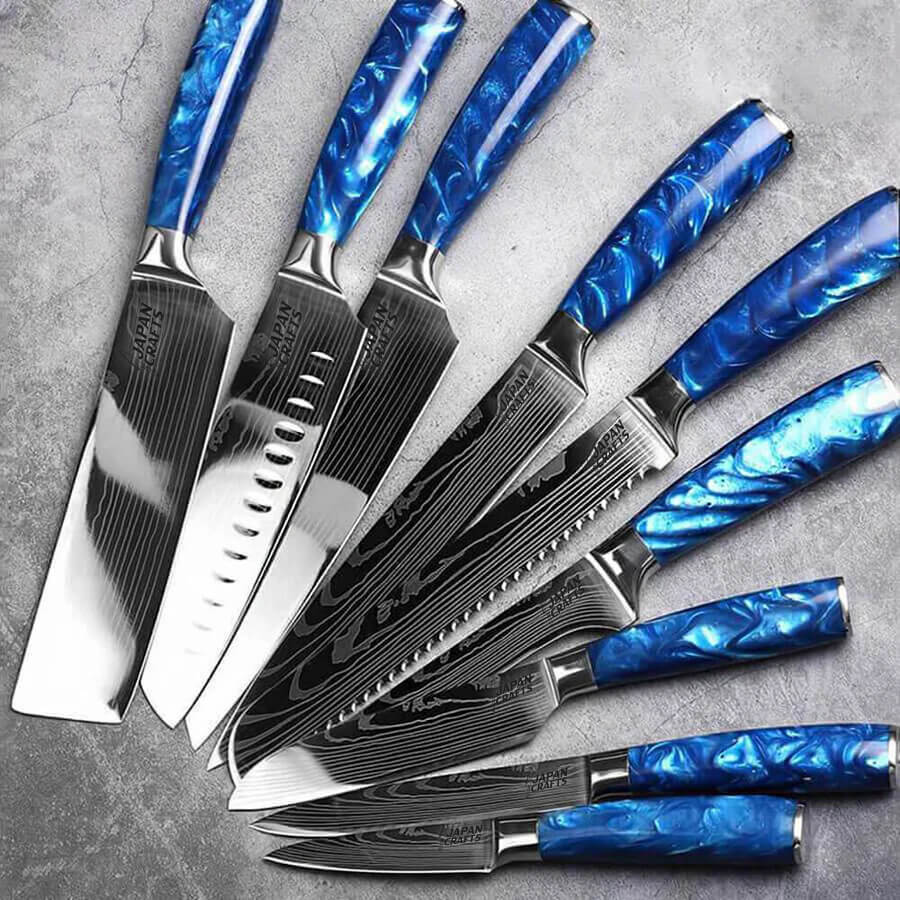 Japanese Chef Knife Set - Blue Epoxy + Designer Magnetic Knifeblock
