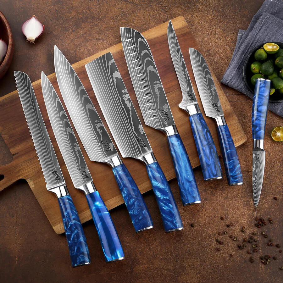 Japanese Chef Knife Set - Blue Resin + Classic Magnetic Knifeblock