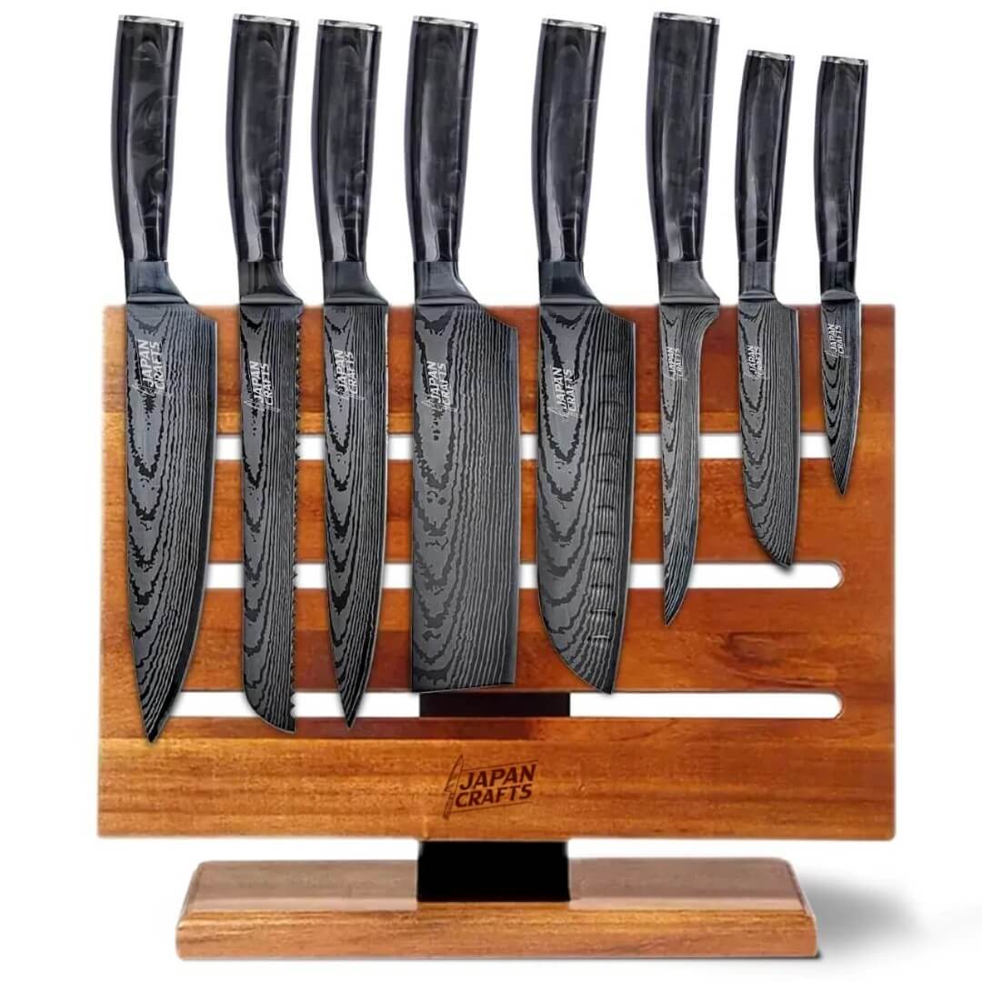 Japanese Chef Knife Set - Black Epoxy + Designer Magnetic Knifeblock