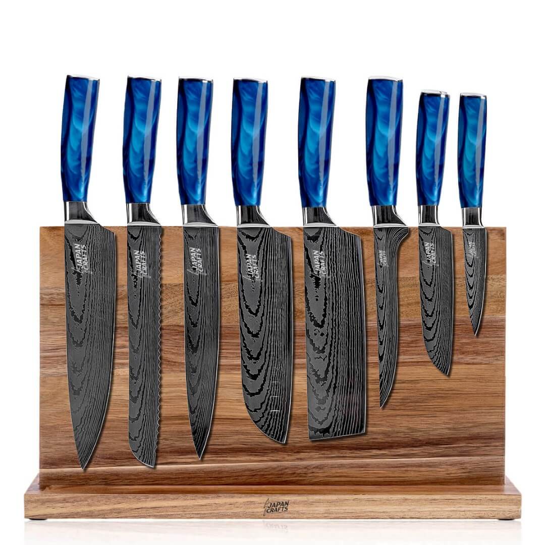 Japanese Chef Knife Set - Blue Resin + Classic Magnetic Knifeblock