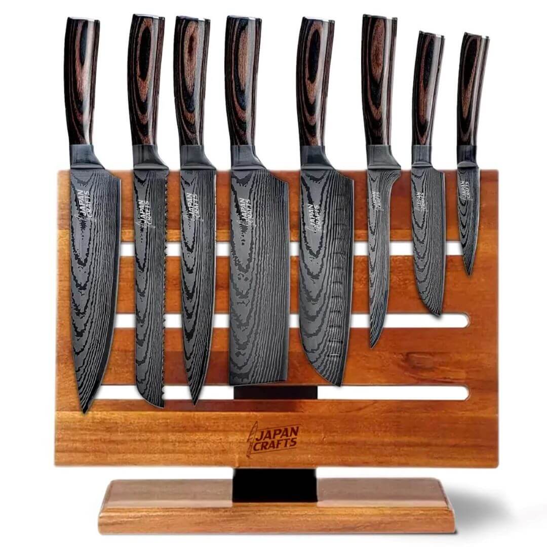 Japanese Chef Knife Set - Brown Wood + Designer Magnetic Knifeblock